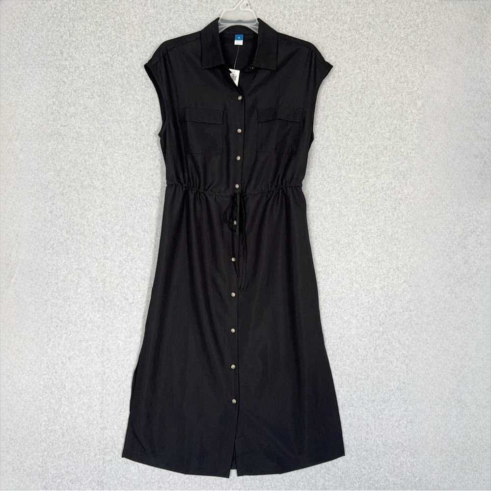 Old Navy Midi Shirt Dress Womens XS Black Utility Waist Defined Button Front